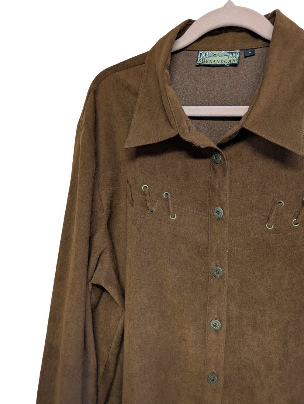 Brown Suede-Look Button Front Shirt With Lace Front Chest Detail Women's Size L